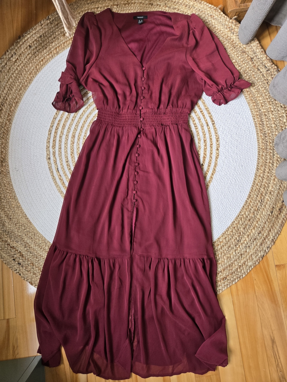 Summer Day  Burgundy Button-Front Midi Tiered Dress Cottagecore Fairy Whimsigoth